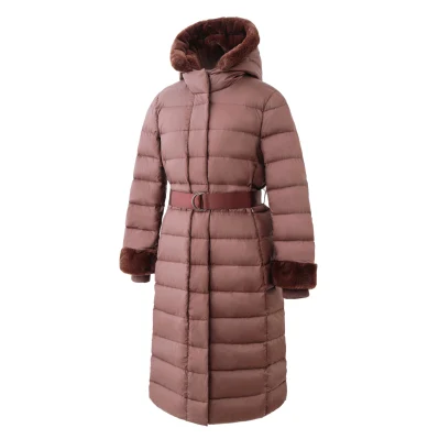 Veste de mode classique dames hiver manteau en duvet véritable/populaire veste d'extérieur à capuche en fausse fourrure douce avec ceinture coupe-vent manchette